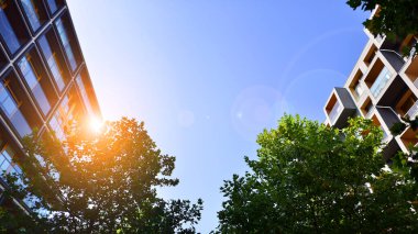 Modern apartman ve yeşil ağaçlar. Ekolojik konut mimarisi. Ağaçların çevresindeki modern bir yerleşim yeri. Ekoloji ve yeşil şehir, kentsel çevre 