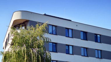 Ağaçların çevresindeki modern bir yerleşim yeri. Ekoloji ve yeşil yaşam şehirde, kentsel çevre kavramı. Modern apartman ve yeşil ağaçlar. Ekolojik konut mimarisi. 