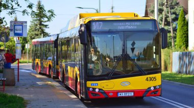 Varşova, Polonya. 28 Eylül 2023. Güneşli bir günde, toplu taşıma otobüsü otobüs durağında durur.,