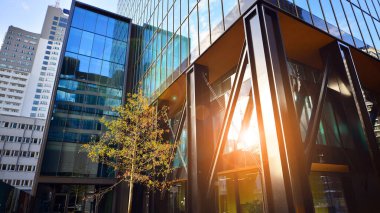 Çelik ve cam. Modern mimari ya da inşaat endüstrisinin konusu. Modern ofis binası cephesi yüksek çelik yapı elemanları ve tam boy pencereler arasında. 