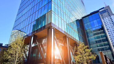 Çelik ve cam. Modern mimari ya da inşaat endüstrisinin konusu. Modern ofis binası cephesi yüksek çelik yapı elemanları ve tam boy pencereler arasında. 