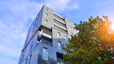 Modern yerleşim alanı. Yeni apartmanın yakınındaki ağaçlar. Doğa dostu lüks gayrimenkul.