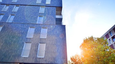 Modern yerleşim alanı. Yeni apartmanın yakınındaki ağaçlar. Doğa dostu lüks gayrimenkul.