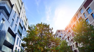 Modern yerleşim alanı. Yeni apartmanın yakınındaki ağaçlar. Doğa dostu lüks gayrimenkul.