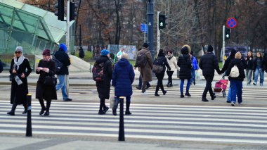 Varşova, Polonya. 29 Aralık 2023. Kalabalık kalabalık trafiğin en yoğun olduğu saatte trafik ışığı zebrasıyla karşıdan karşıya geçiyor. Europa 'da büyük bir şehirde yaşam tarzı.