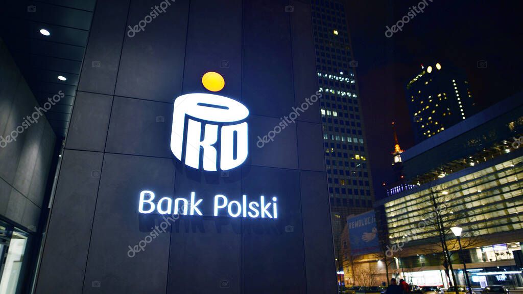 Warsaw, Poland. 6 March 2024. Night view of signage on the facade Pko Bank Polski.