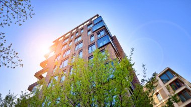 Çevre mimarisi. Yeşil ağaç ve yeni konut binası. Doğanın ve modernliğin ahengi. Yeşil yerleşim bölgesinde yeni daireleri olan modern bir apartman..