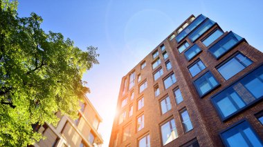 Çevre mimarisi. Yeşil ağaç ve yeni konut binası. Doğanın ve modernliğin ahengi. Yeşil yerleşim bölgesinde yeni daireleri olan modern bir apartman..