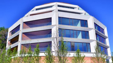 Çevre mimarisi. Yeşil ağaç ve yeni konut binası. Doğanın ve modernliğin ahengi. Yeşil yerleşim bölgesinde yeni daireleri olan modern bir apartman..