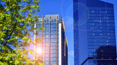 Modern şehir konseptinde eko binası. Taze yeşil yapraklı modern ofis binası..