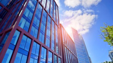 Modern şehir konseptinde eko binası. Taze yeşil yapraklı modern ofis binası..