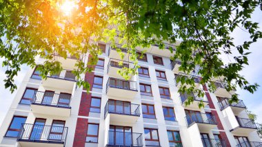 Yeşil yerleşim bölgesinde yeni daireleri olan modern bir yerleşim yeri. Çevre mimarisi. Yeşil ağaç ve yeni apartman. Doğanın ve modernliğin ahengi.