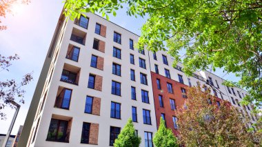 Yeşil yerleşim bölgesinde yeni daireleri olan modern bir yerleşim yeri. Çevre mimarisi. Yeşil ağaç ve yeni apartman. Doğanın ve modernliğin ahengi.