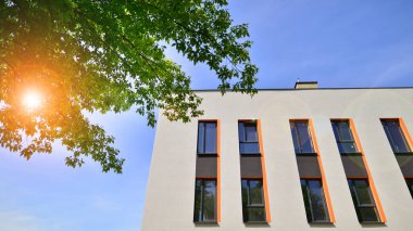 Karbondioksiti azaltmak için ağaçlı sürdürülebilir cam ofis binası. Modern şehirde çevre dostu bir bina. Yeşil çevresi olan bir ofis. Şirket binası CO2 'yi düşürdü.