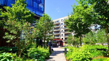 Varşova, Polonya. 18 Mayıs 2024. Orman, yaşamak ve ürün ve fikirleri çoğaltmak için modern ofis alanıdır. Dengeyi korumak için, şirket dünyasının dostane bir ofise ihtiyacı var. .