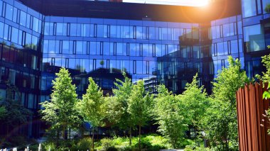 Karbondioksiti azaltmak için ağaçlı sürdürülebilir cam ofis binası. Modern şehirde çevre dostu bir bina. Yeşil çevresi olan bir ofis. Şirket binası CO2 'yi düşürdü.