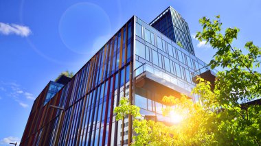 Karbondioksiti azaltmak için ağaçlı sürdürülebilir cam ofis binası. Modern şehirde çevre dostu bir bina. Yeşil çevresi olan bir ofis. Şirket binası CO2 'yi düşürdü.