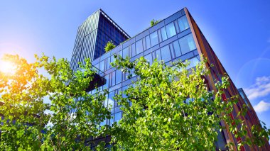 Karbondioksiti azaltmak için ağaçlı sürdürülebilir cam ofis binası. Modern şehirde çevre dostu bir bina. Yeşil çevresi olan bir ofis. Şirket binası CO2 'yi düşürdü.