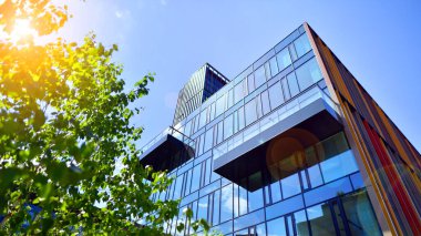 Karbondioksiti azaltmak için ağaçlı sürdürülebilir cam ofis binası. Modern şehirde çevre dostu bir bina. Yeşil çevresi olan bir ofis. Şirket binası CO2 'yi düşürdü.