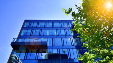 Karbondioksiti azaltmak için ağaçlı sürdürülebilir cam ofis binası. Modern şehirde çevre dostu bir bina. Yeşil çevresi olan bir ofis. Şirket binası CO2 'yi düşürdü.