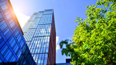Karbondioksiti azaltmak için ağaçlı sürdürülebilir cam ofis binası. Modern şehirde çevre dostu bir bina. Yeşil çevresi olan bir ofis. Şirket binası CO2 'yi düşürdü.