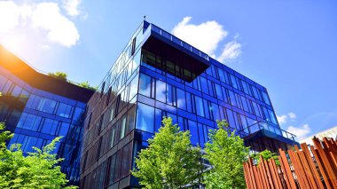 Karbondioksiti azaltmak için ağaçlı sürdürülebilir cam ofis binası. Modern şehirde çevre dostu bir bina. Yeşil çevresi olan bir ofis. Şirket binası CO2 'yi düşürdü.