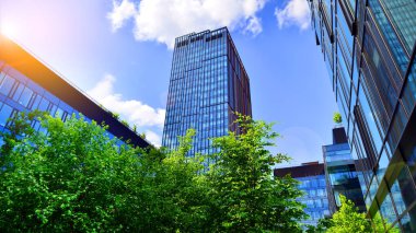 Karbondioksiti azaltmak için ağaçlı sürdürülebilir cam ofis binası. Modern şehirde çevre dostu bir bina. Yeşil çevresi olan bir ofis. Şirket binası CO2 'yi düşürdü.