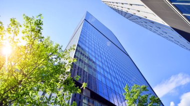 Karbondioksiti azaltmak için ağaçlı sürdürülebilir cam ofis binası. Modern şehirde çevre dostu bir bina. Yeşil çevresi olan bir ofis. Şirket binası CO2 'yi düşürdü.