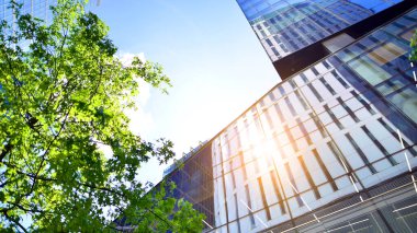 Karbondioksiti azaltmak için ağaçlı sürdürülebilir cam ofis binası. Modern şehirde çevre dostu bir bina. Yeşil çevresi olan bir ofis. Şirket binası CO2 'yi düşürdü.
