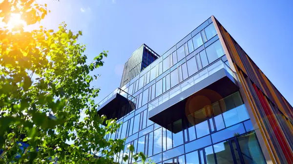 Karbondioksiti azaltmak için ağaçlı sürdürülebilir cam ofis binası. Modern şehirde çevre dostu bir bina. Yeşil çevresi olan bir ofis. Şirket binası CO2 'yi düşürdü.