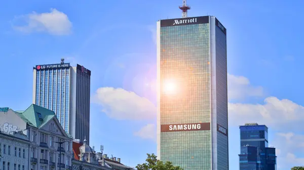 stock image Warsaw, Poland. 8 June 2024. Downtown business district of city with Marriott hotel and Oxford Tower in Jerozolimskie avenue.