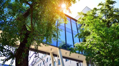 Karbondioksiti azaltmak için ağaçlı sürdürülebilir cam ofis binası. Modern şehirde çevre dostu bir bina. Yeşil çevresi olan bir ofis. Şirket binası CO2 'yi düşürdü.