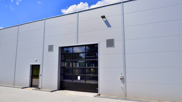 New car repair center. Exterior of empty car dealership. 