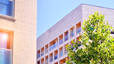 Yeşil bölgedeki yeni apartman blokları. Eko apartman binası enerji ve temiz hava tasarrufu sağlıyor. Yeşil ağaç ve yeni apartman. Doğanın ve modernliğin ahengi.