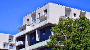 Yeşil bölgedeki yeni apartman blokları. Eko apartman binası enerji ve temiz hava tasarrufu sağlıyor. Yeşil ağaç ve yeni apartman. Doğanın ve modernliğin ahengi.