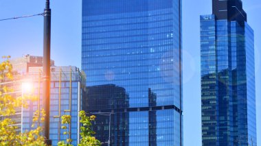 Şehir hayatı, şehir manzarası ve ekoloji. Modern ofis kompleksi cam cepheleri ve yeşil ağaç zeminine karşı düz çizgiler, modern mimari konsepti. Organik olarak doğaya doğru ilerliyor..