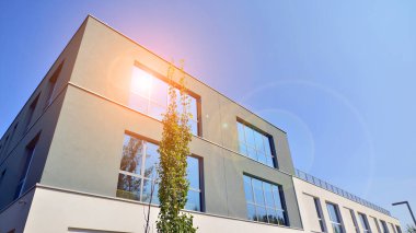 Eko bina ya da yeşil ofis ağacı ve bahçe şehir konseptinde. Çevre mimarisi. Yeşil ağaç ve ofis binası. Doğanın ve modernliğin ahengi.