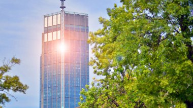 Gökdelenleri olan şehir merkezi. Şehir merkezindeki iş bölgesinde. Modern şehirde çevre dostu bir bina. Yeşil çevresi olan bir ofis. Şirket binası CO2 'yi düşürdü.