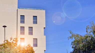 Yeşil yerleşim bölgesinde yeni daireleri olan modern bir yerleşim yeri. Çevre mimarisi. Sarı ağaç ve yeni apartman. Doğanın ve modernliğin ahengi.