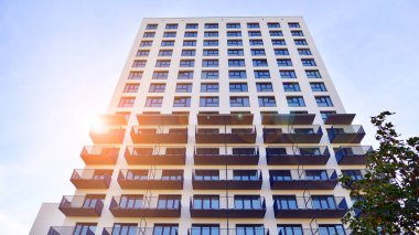 Yeşil yerleşim bölgesinde yeni daireleri olan modern bir yerleşim yeri. Çevre mimarisi. Sarı ağaç ve yeni apartman. Doğanın ve modernliğin ahengi.