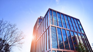 Modern mimari. Şehirdeki simetrik mavi cam bina. Modern şirket mimarisine sahip şehir manzarası ofis binaları - iş ve başarı kavramı.