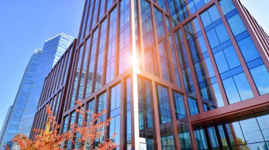 Arka planda mavi gökyüzü olan modern yüksek katlı ofis binalarına bakıyorum..