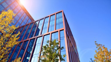 Karbondioksiti azaltmak için ağaçlı sürdürülebilir cam ofis binası. Modern şehirde çevre dostu bir bina. Sarı kadife çevresi olan ofisler. Şirket binası CO2 'yi düşürdü.