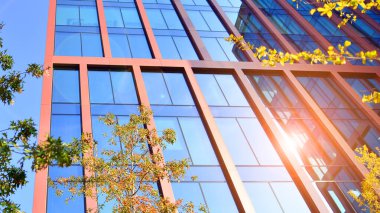 Karbondioksiti azaltmak için ağaçlı sürdürülebilir cam ofis binası. Modern şehirde çevre dostu bir bina. Sarı kadife çevresi olan ofisler. Şirket binası CO2 'yi düşürdü.