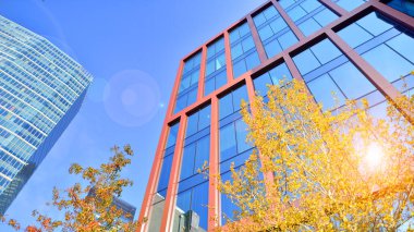 Arka planda mavi gökyüzü olan modern yüksek katlı ofis binalarına bakıyorum..