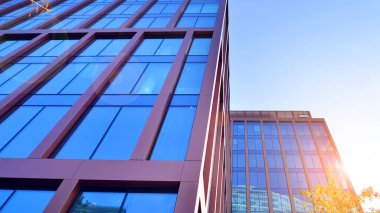 Karbondioksiti azaltmak için ağaçlı sürdürülebilir cam ofis binası. Modern şehirde çevre dostu bir bina. Sarı kadife çevresi olan ofisler. Şirket binası CO2 'yi düşürdü.