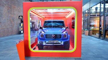 Warsaw, Poland. 27 October 2024. The logo of Matchbox company on the big box with a brand new Mercedes Benz G580 Electric model. Promotion Mercedes Benz G580 electric car. clipart