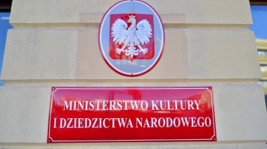 Varşova, Polonya. 30 Ocak 2025. Şehir manzarası. Şirket tabela bakanlığı Kültür ve Ulusal Miras Bakanlığı.