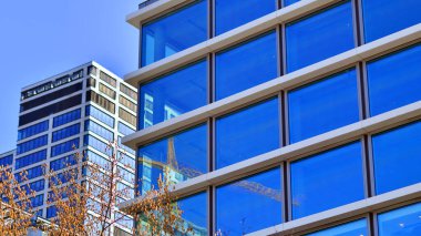 Şehir merkezindeki işletme bölgesi mimarisi. Mavi gökyüzüne ve güneş ışığına karşı cam yansıtıcı ofis binaları. Ekonomi, finans, iş faaliyeti konsepti. Ufukta yükselen güneş.