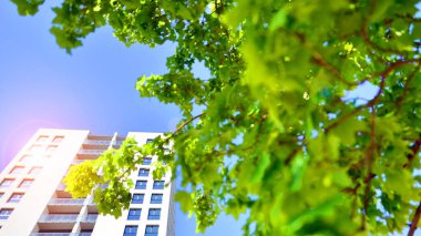 Eko apartmanı enerji ve temiz hava tasarrufu yapıyor. Yeşil bölgedeki modern apartman blokları, konut ve lüks ev kompleksi. 